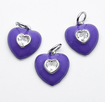 Подвеска сердце, цвет серебро (родий)+фиолетовый, фианит, размер 13*12 мм, цена за 1 шт