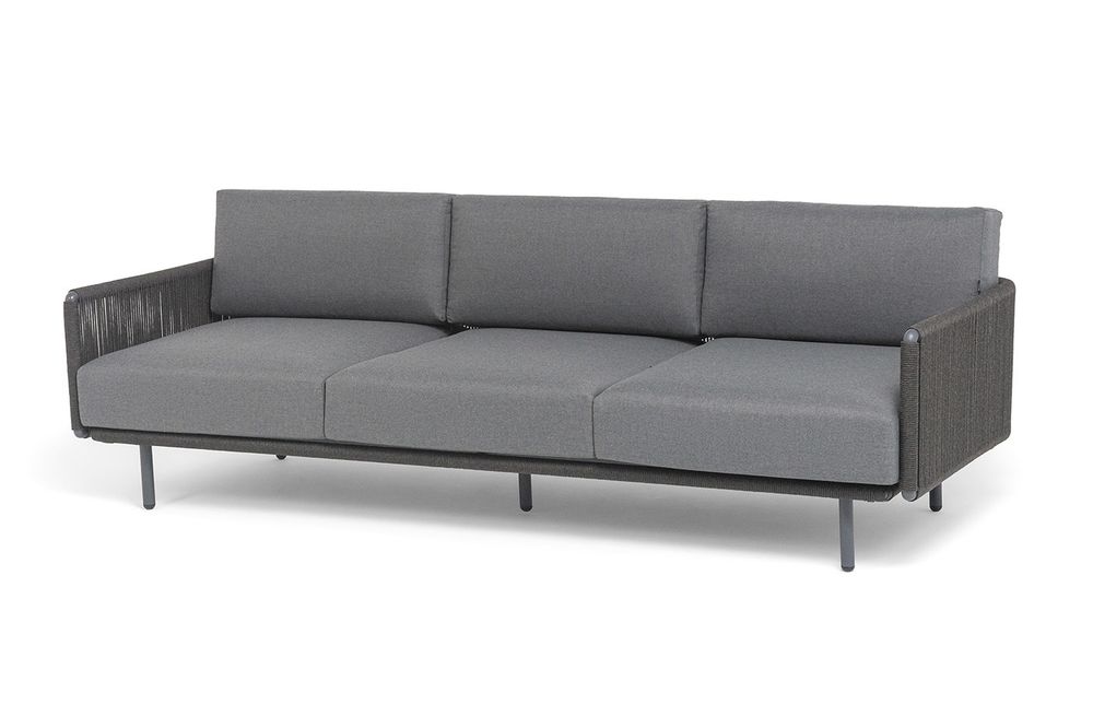 "Джелло" диван 3-местный плетеный из роупа, каркас алюминий темно-серый (RAL7024) муар, роуп темно-серый круглый, ткань темно-серая 027