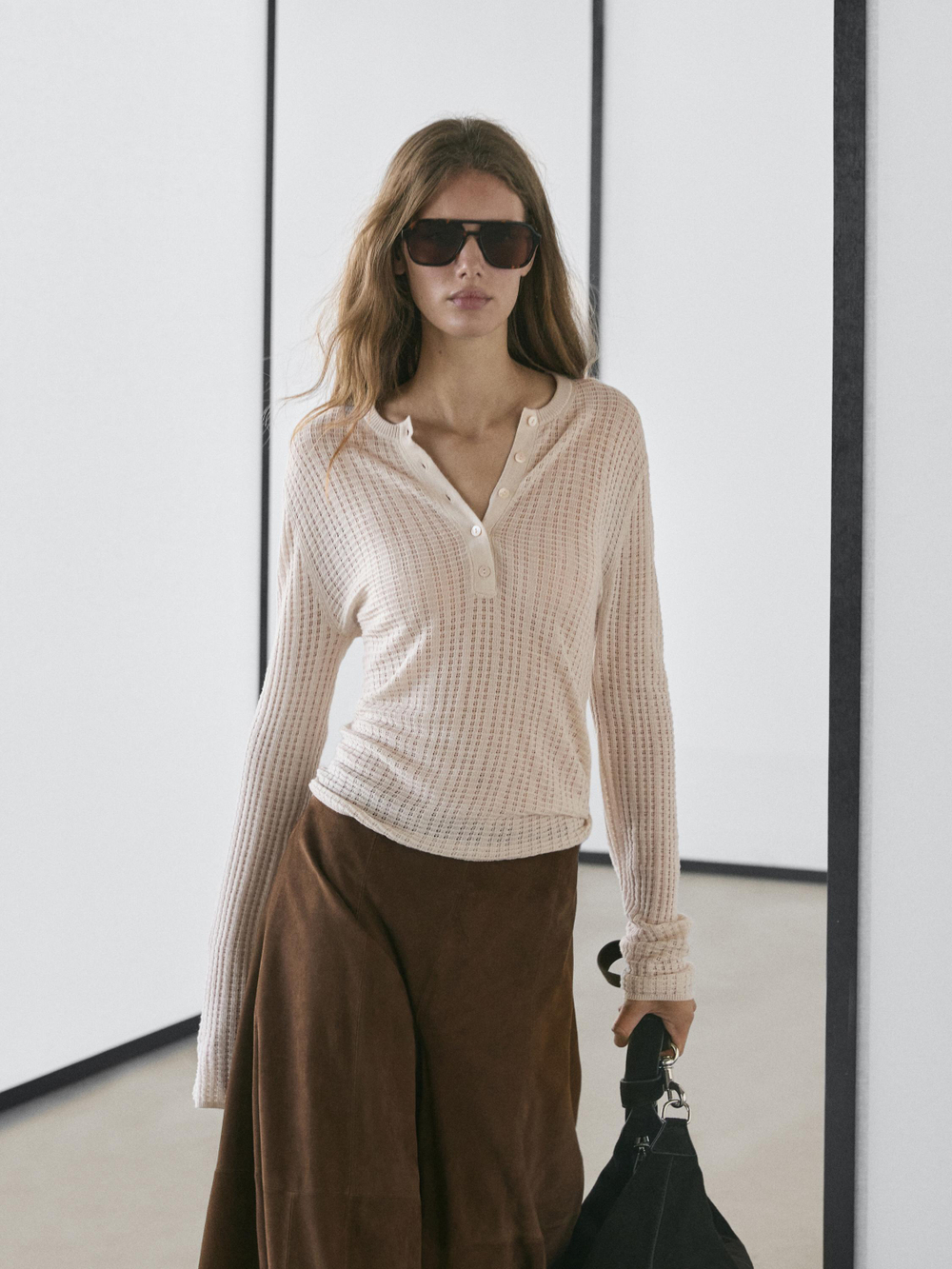 Massimo Dutti Ажурный свитер из смесовой шерсти с короткой планкой на пуговицах, натуральный/кремовый