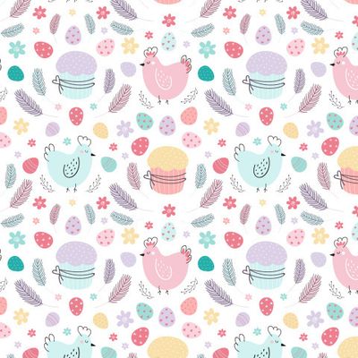 пасхальный паттерн с курочками, куличами и яйцами