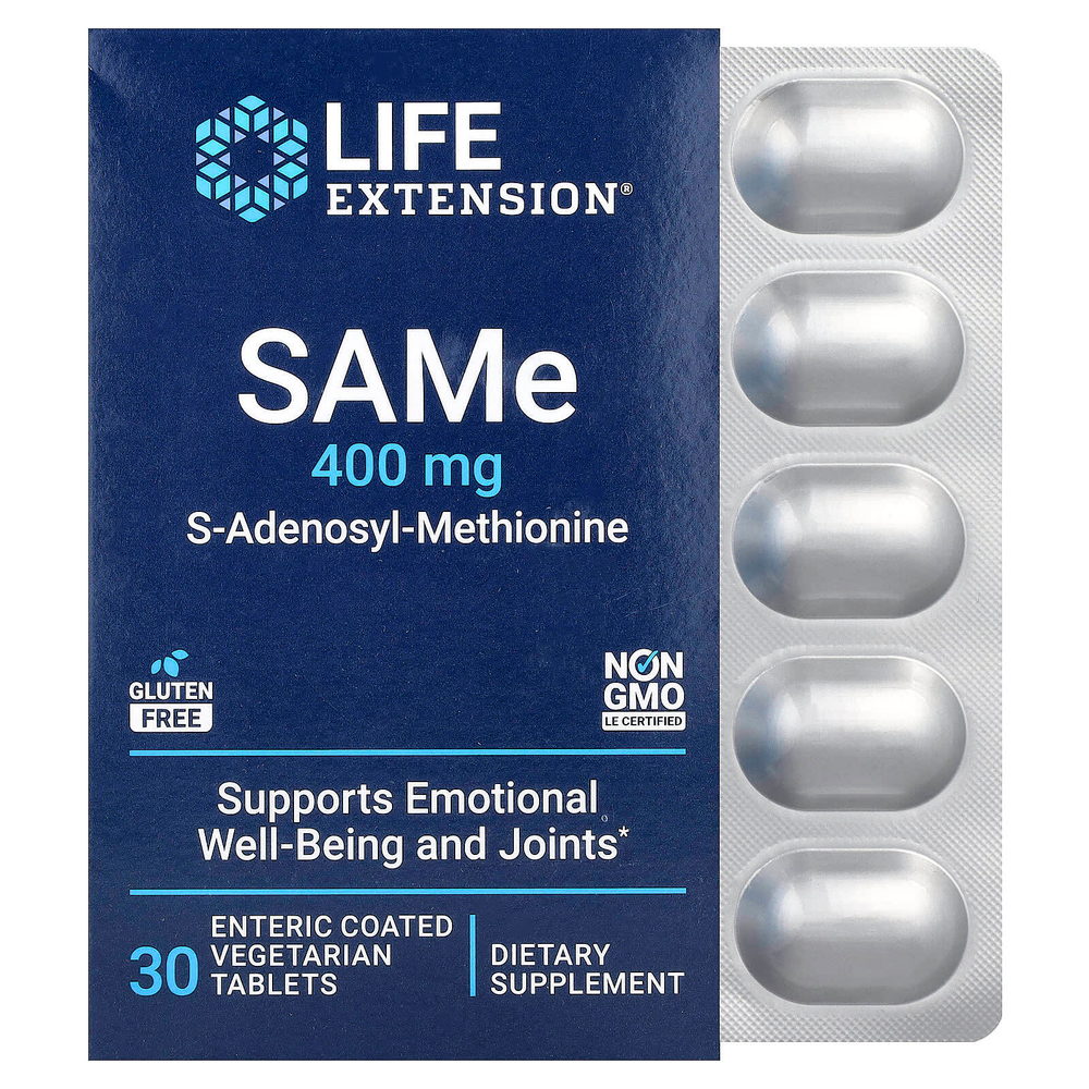 Life Extension, SAMe, S-аденозилметионин, 400 мг, 30 вегетарианских таблеток, покрытых кишечнорастворимой оболочкой