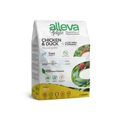 Alleva holistic puppy/junior chicken & duck medium сухой корм для щенков и юниоров с курицей и уткой, алое вера и женьшенем - 800 г