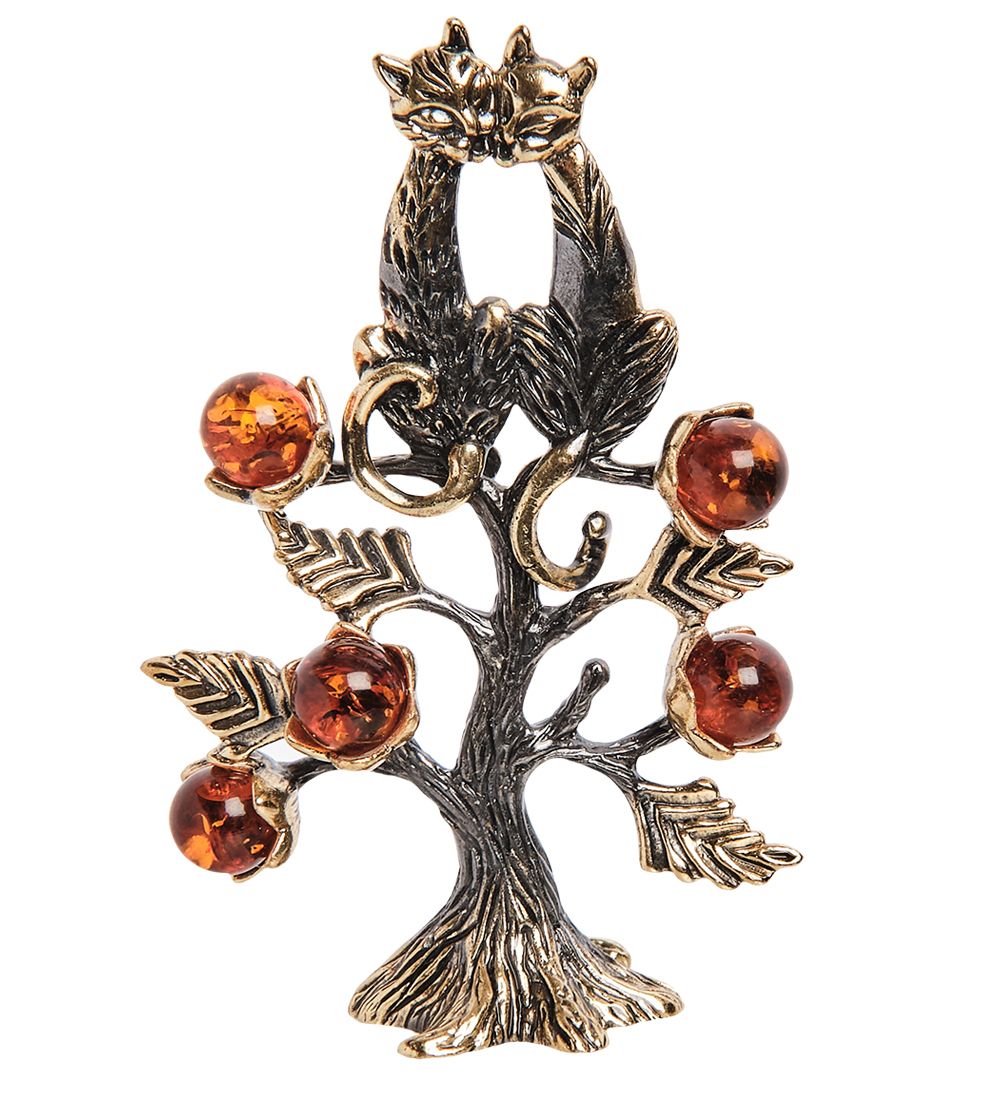 AM- 220 Фигурка «Коты на дереве» (латунь, янтарь)