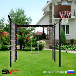 Уличная шведская стенка Sv Sport рукоход с комплектом турник прямой 2шт У5037К (Деревянные/Щит баскет/Кронш бокс/Сетка)