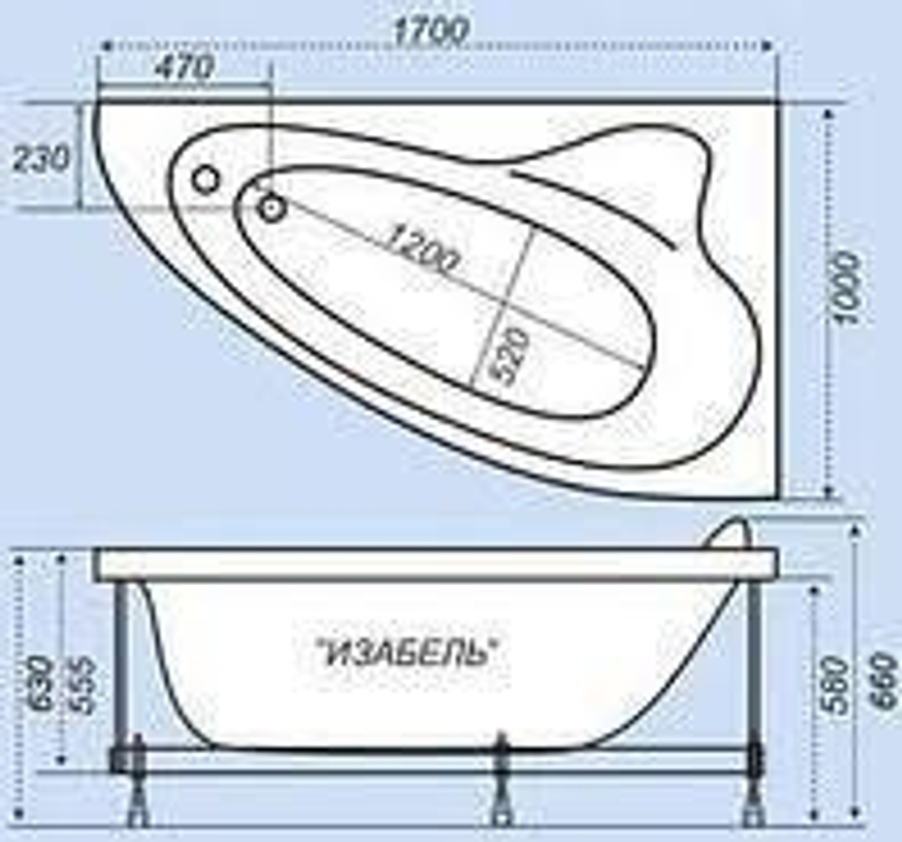 Ванна обрезанная Изабель правая NEW (1700х1000) в комплекте с каркасом