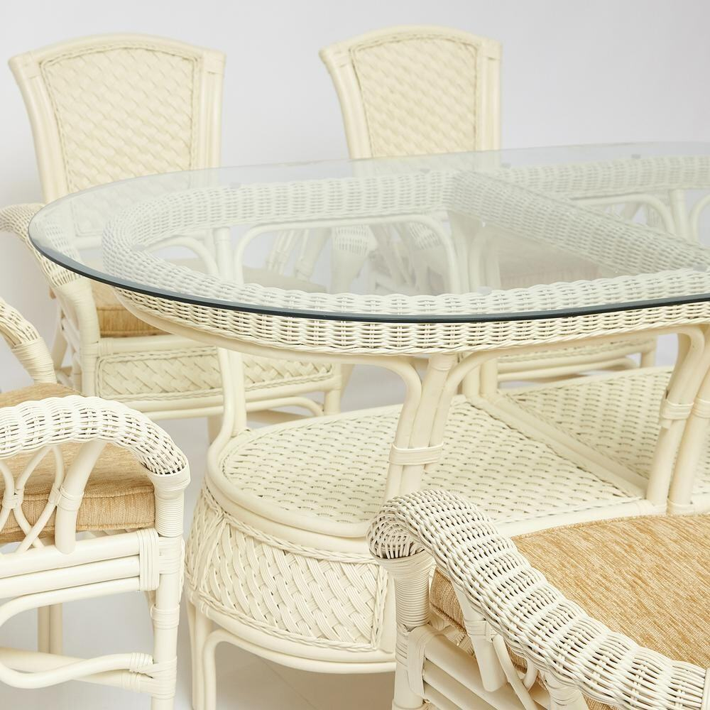 Комплект обеденный "ANDREA GRAND" (стол со стеклом+6 кресел+ подушки) TCH White (белый), Ткань рубчик, цвет кремовый