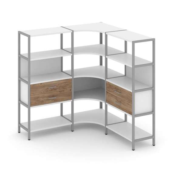 Shelf System Трехсекционный угловой стеллаж четырехярусный с ящиками SN.STMU-431 Белый/Дуб Табак/Мет