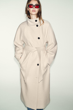 ZARA ДЛИННОЕ ПАЛЬТО ИЗ ШЕРСТИ С ВОРОТНИКОМ СТОЙКОЙ, БЕЖЕВЫЙ