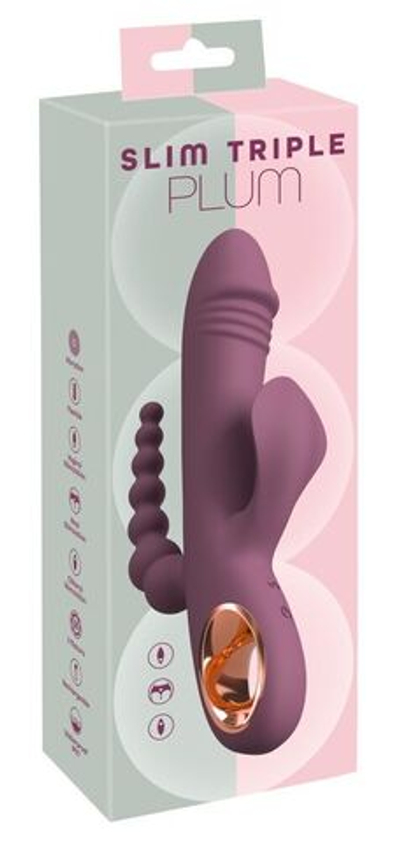 Сливовый вибратор с клиторальным отростком и анальным хвостом Slim Triple Plum - 21,4 см. (Цвет: сливовый)