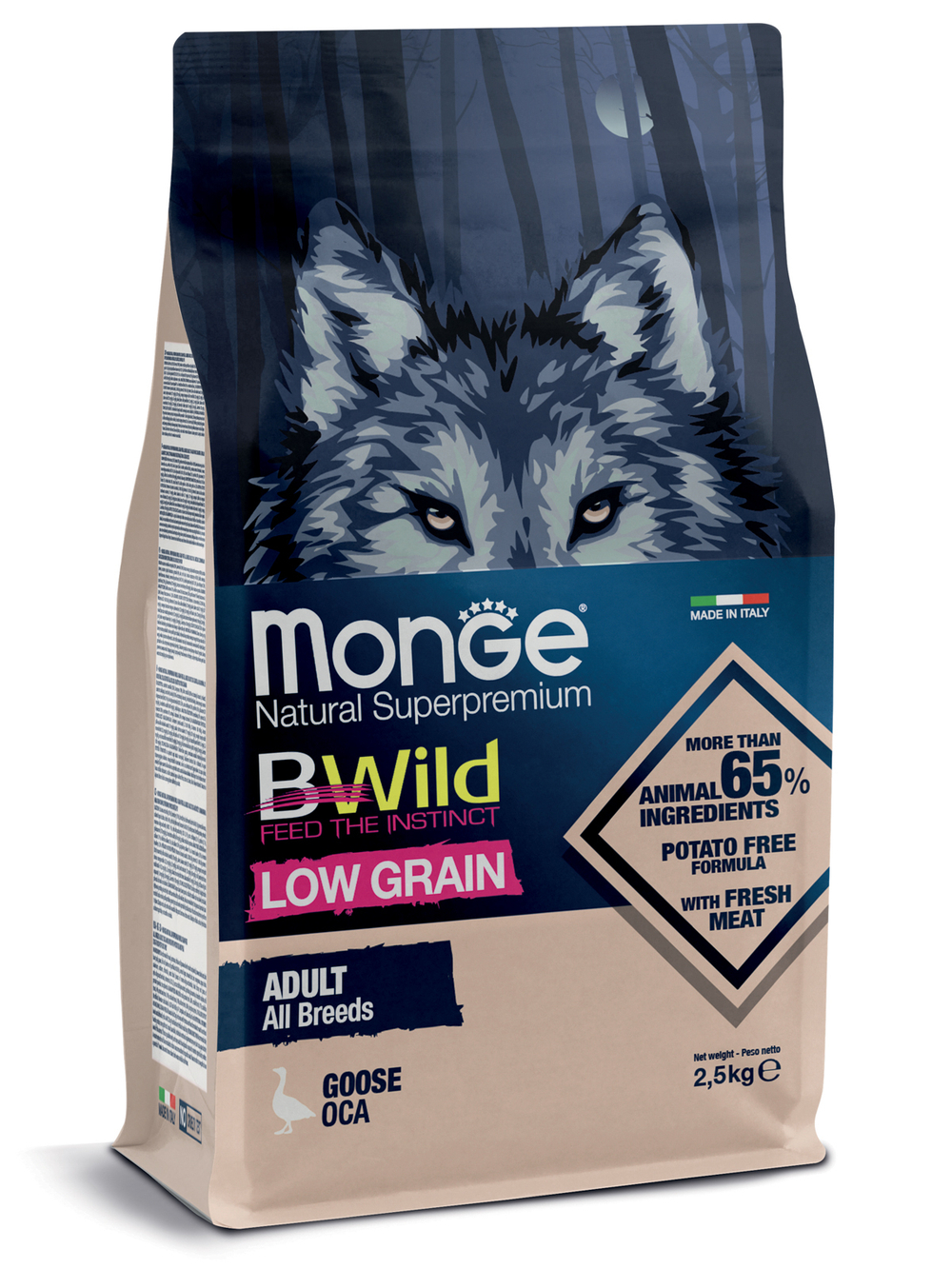 Сухой корм Monge Dog BWild LOW GRAIN, для взрослых собак, низкозерновой, из мяса гуся 2,5 кг