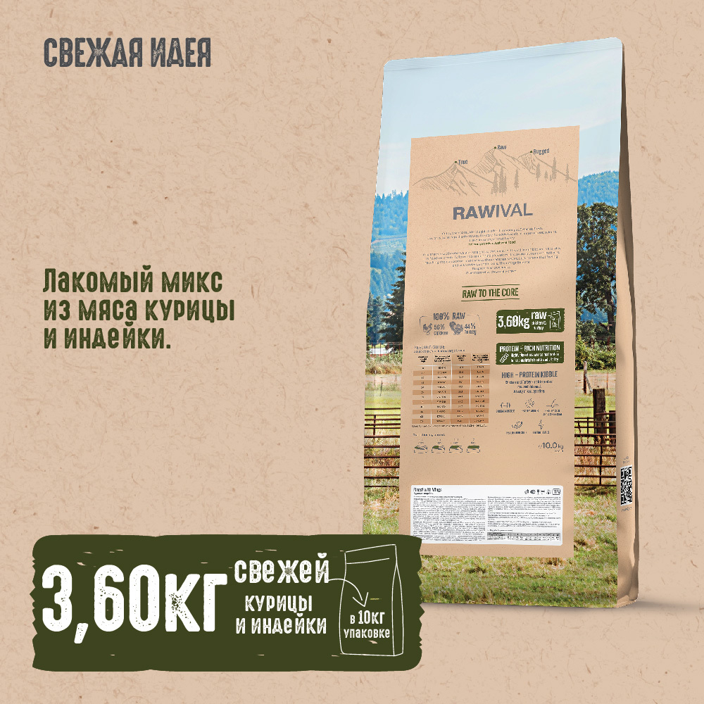 Сухой корм RAWIVAL для собак средних и крупных пород с курицей и индейкой - 10 кг