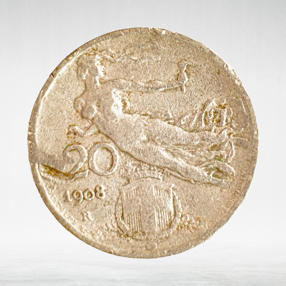 Italy 20 Centesimi 1908 R "Liberty in Flight - Ear of Wheat", VF