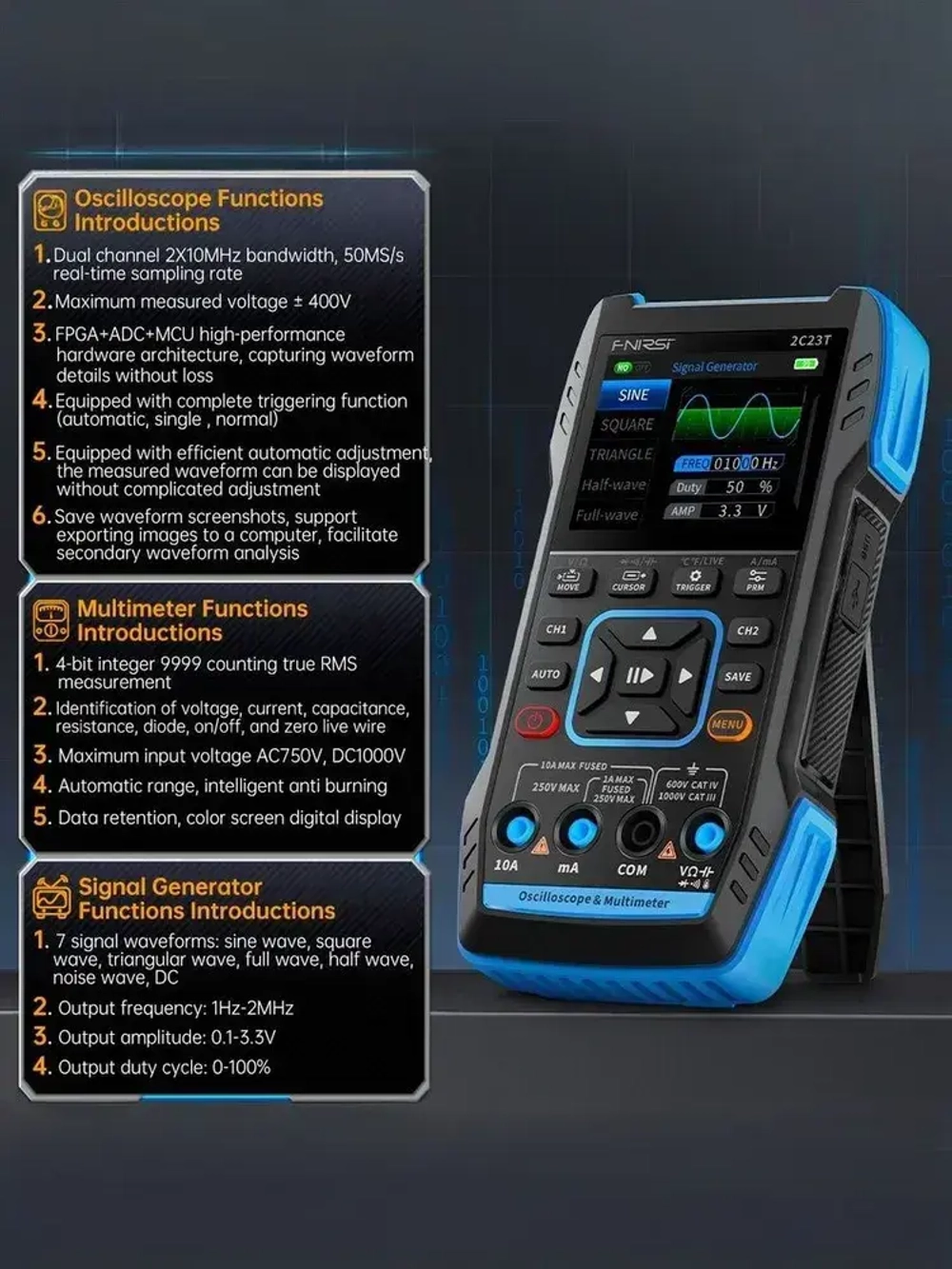 Стандартная версия двухканального устройства FNIRSI 2C23T 3-в-1 с полосой пропускания 2*10 МГц