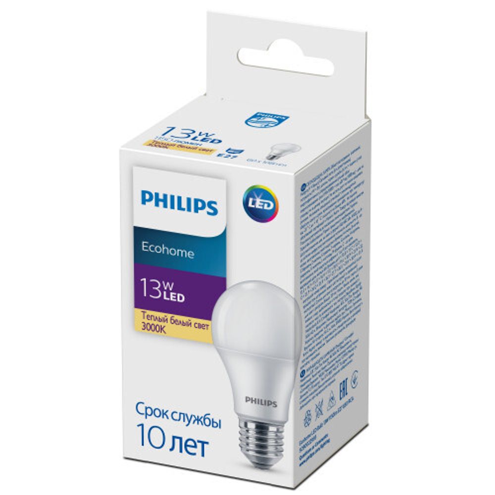 Лампочка светодиодная Philips Ecohome LED A60 13Вт 3000К Е27/E27 груша матовая, теплый белый свет | Philips