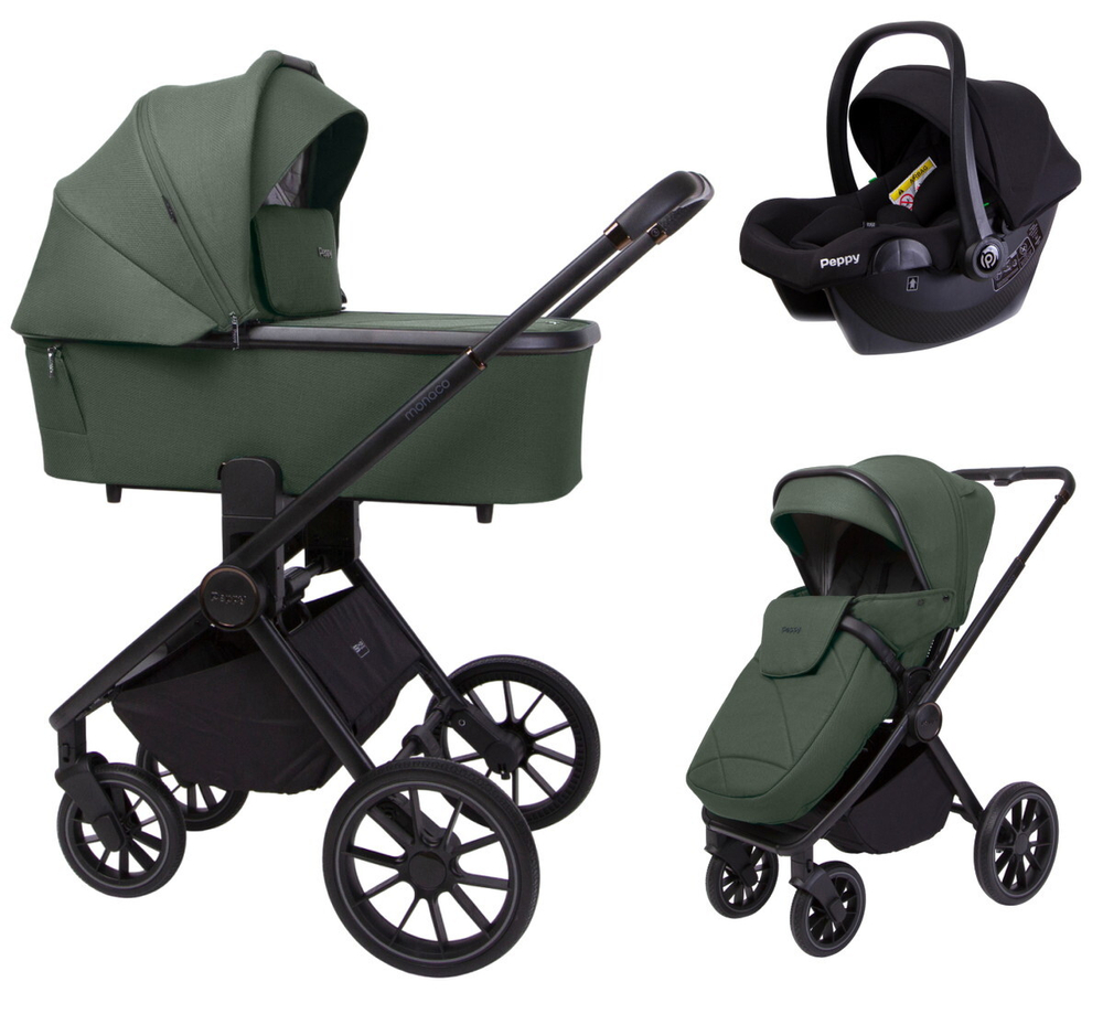 Детская коляска Peppy Monaco 3 в 1 с автокреслом Rise Oliva Green (зеленый), рама черная