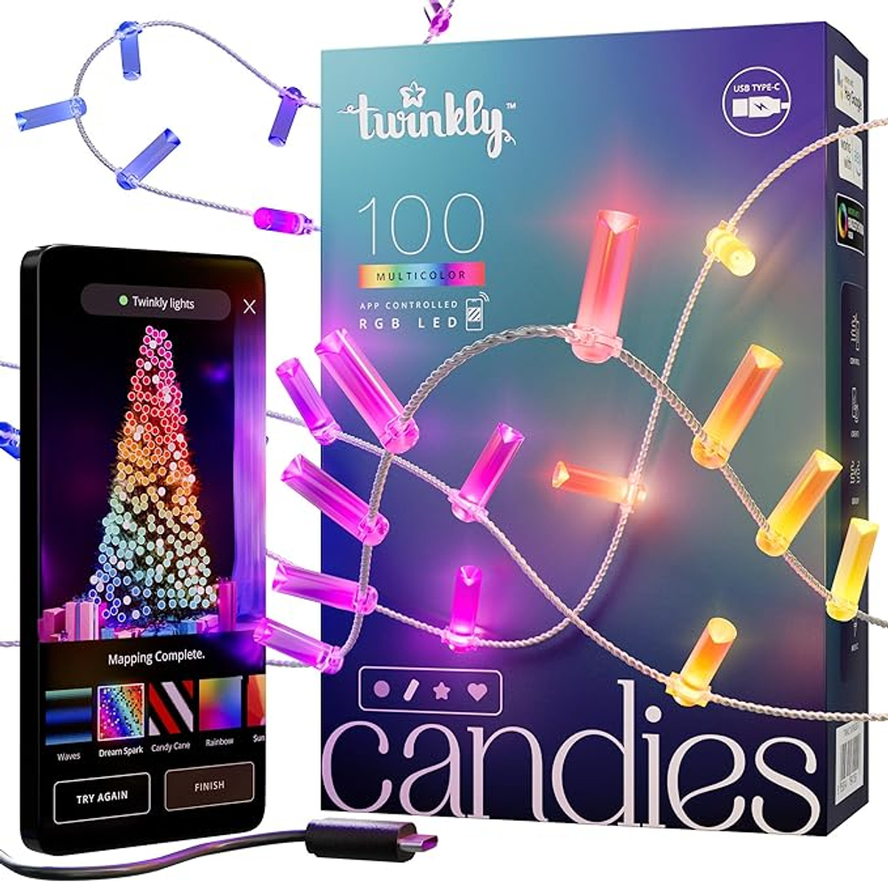 Гирлянда Twinkly Candies Candles 100 диодов, 7 мм в форме свечи, RGB, расстояние между лампами 6 см, зеленый провод, BT+WiFi, IP20, питание от USB-C