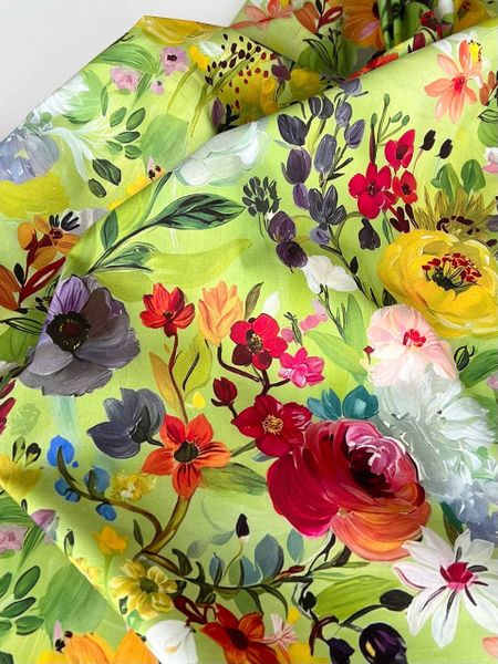 ЯРКИЕ АКВАРЕЛЬНЫЕ ЦВЕТЫ НА ЗЕЛЕНОМ - 100% ХЛОПОК 2