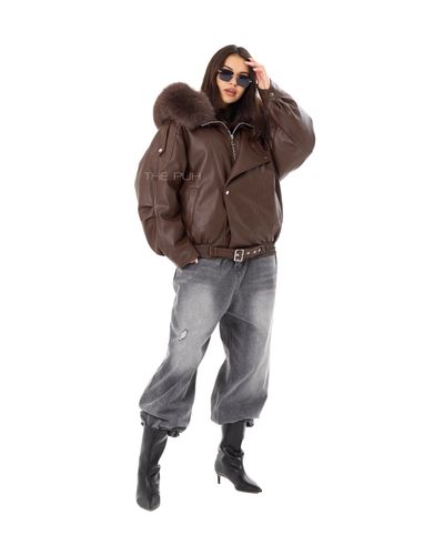 Шоколадный пуховик из эко-кожи с капюшоном