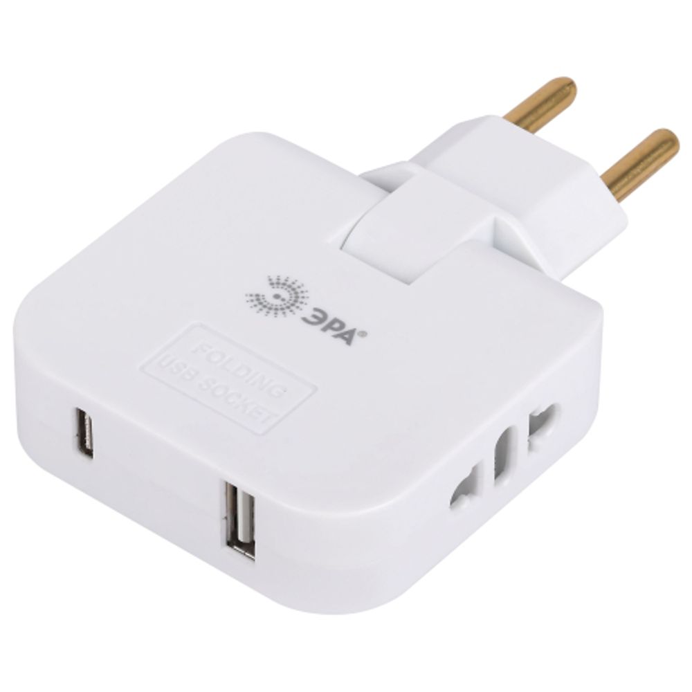 Разветвитель электрический ЭРА SPF-2-FL-USBC поворотный на 2 розетки + 2USB A+C 10А белый | Электротовары