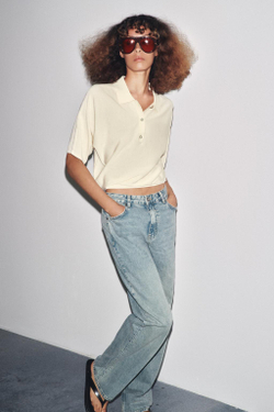 ZARA ТРИКОТАЖНЫЙ ТОП-ПОЛО С КОРОТКИМИ РУКАВАМИ, ЭКРЮ