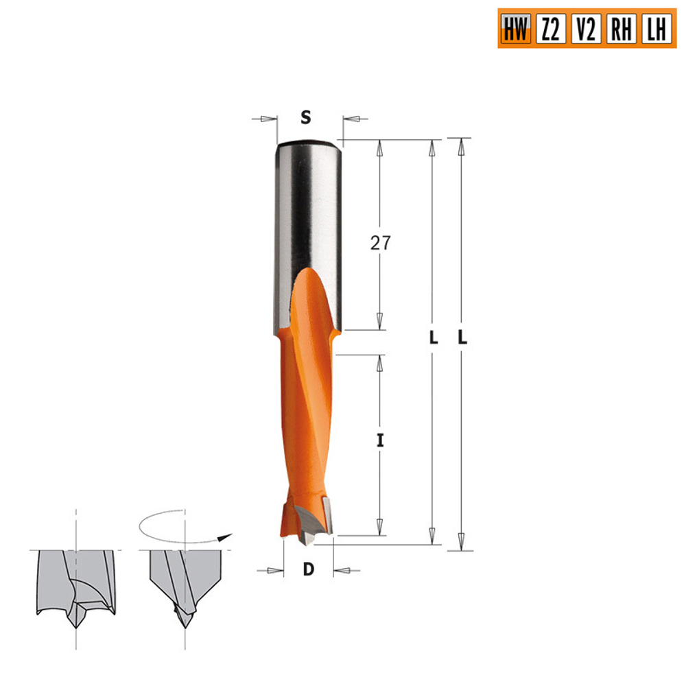 Сверло HW для присадочного станка 8x27x57,5 Z=2+2 S=10x27 LH 310.080.12
