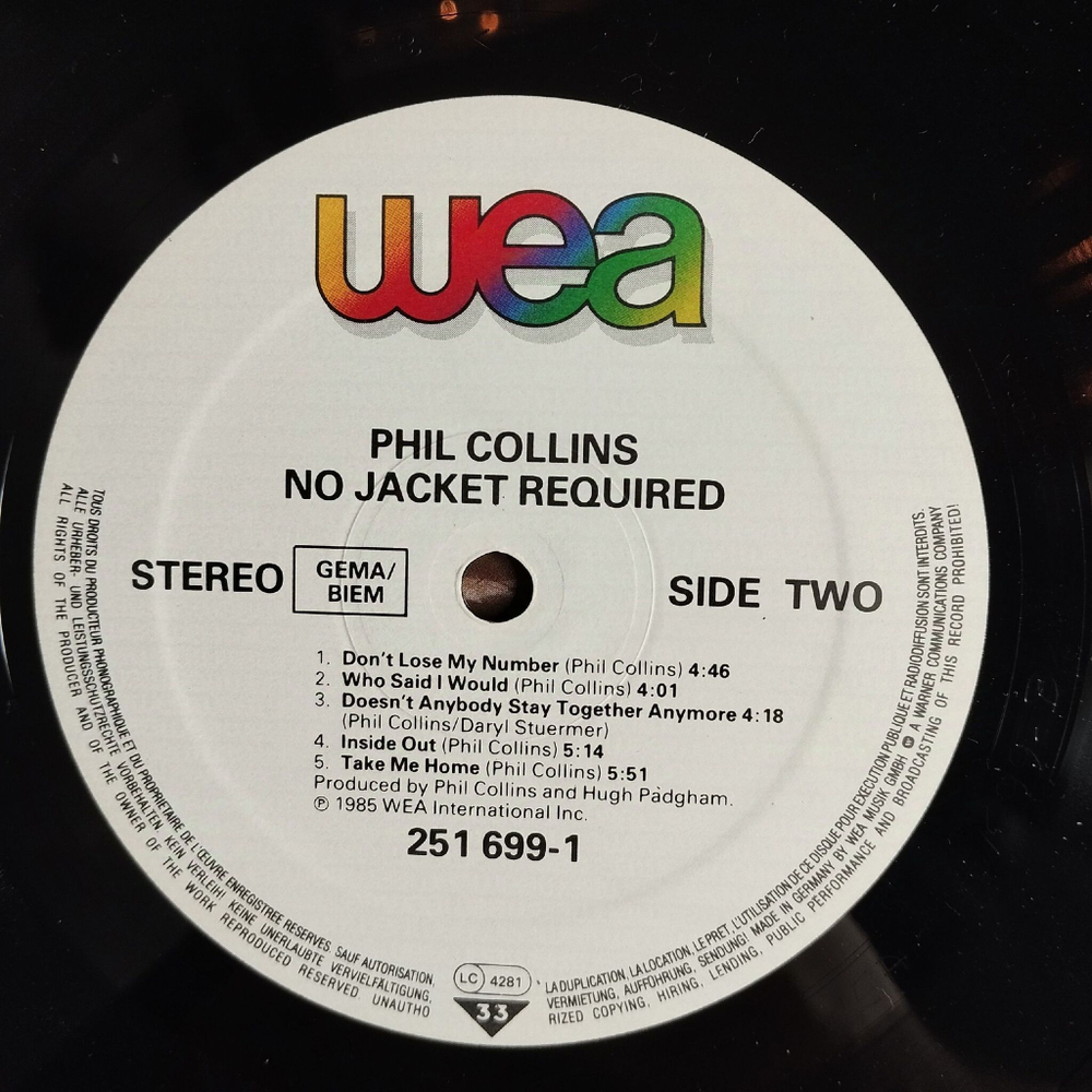 Винтажная виниловая пластинка LP Phil Collins No Jacket Required (Germany 1985)