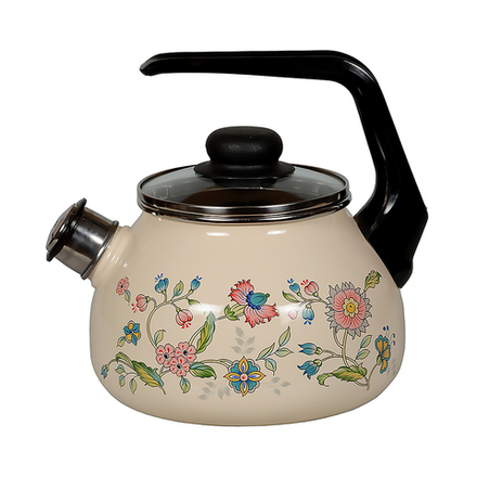 Чайник эмалированный со свистком СтальЭмаль Луговые цветы, 2 л, слоновая кость