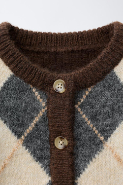 ZARA ВЯЗАНЫЙ КАРДИГАН С УЗОРОМ «РОМБЫ», ШОКОЛАДНЫЙ