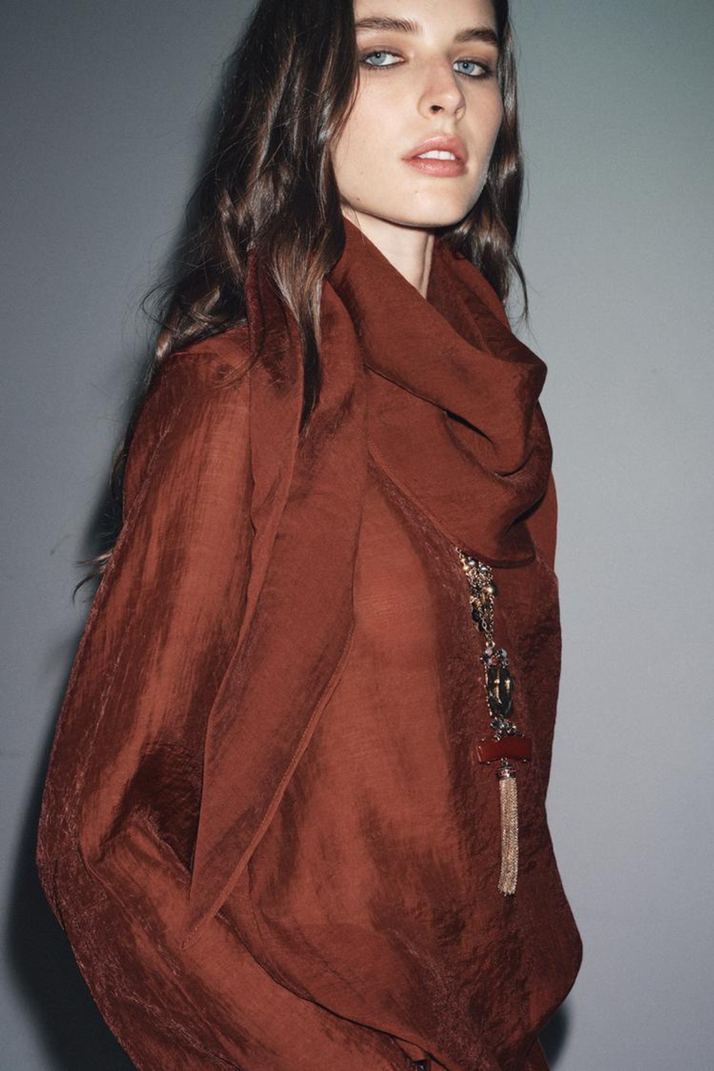 ZARA БЛУЗА СВОБОДНОГО КРОЯ С ПЛАТКОМ-ТРАНСФОРМЕРОМ — ZW COLLECTION, ЧЕРЕПИЧНЫЙ