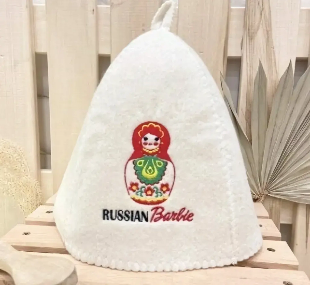 Шапка банная классическая с вышивкой «Russian Barbie», цвет белый, (без упаковки)