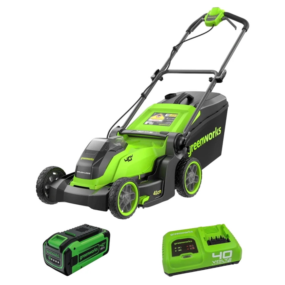 Аккумуляторная газонокосилка Greenworks GD40LM411K8 40В (1 x 8 Ач, Быстрое ЗУ) нож 41 см, 2521007U8F