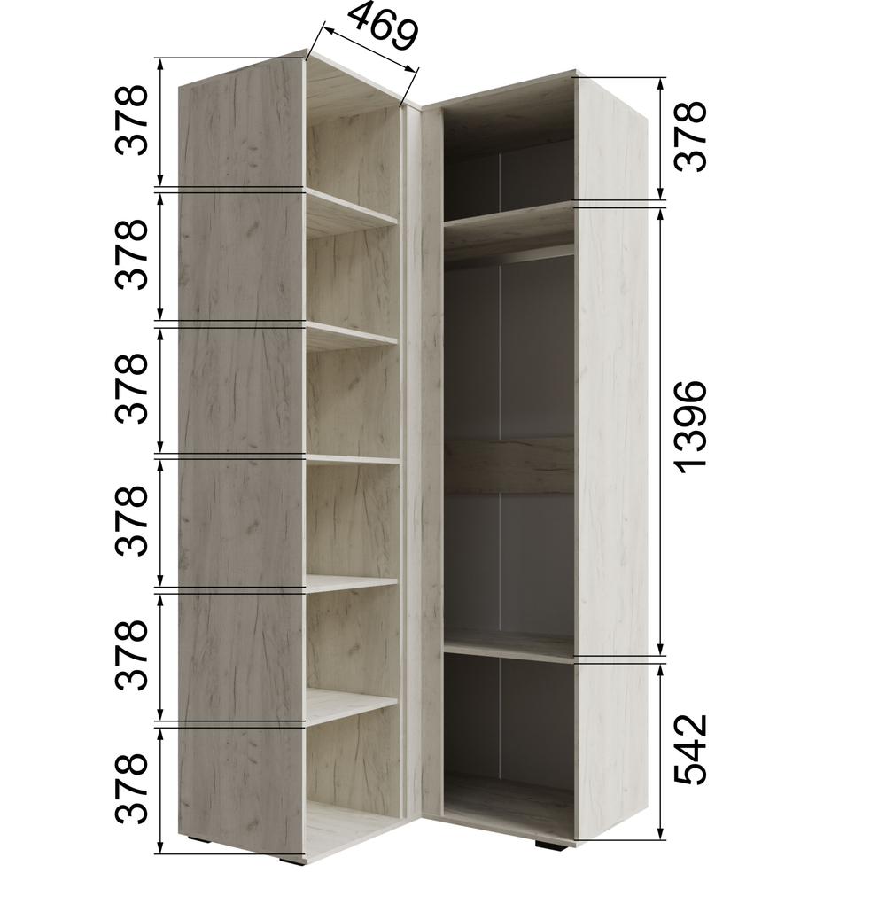 Шкаф для одежды Лилль угловой с полками и штангой дуб крафт белый/дуб крафт табачный