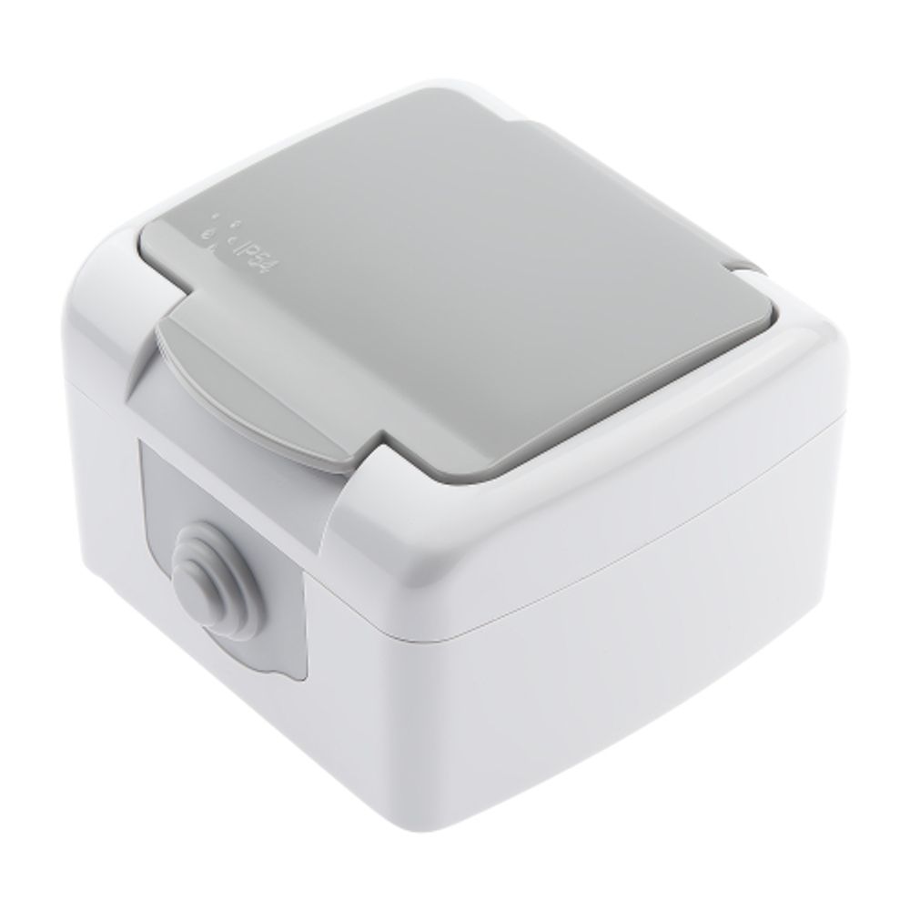 Розетка Intro Atlantic 5-202-03 с заземлением со шторками 2P+E Schuko 16А-250В IP54 ОУ серый