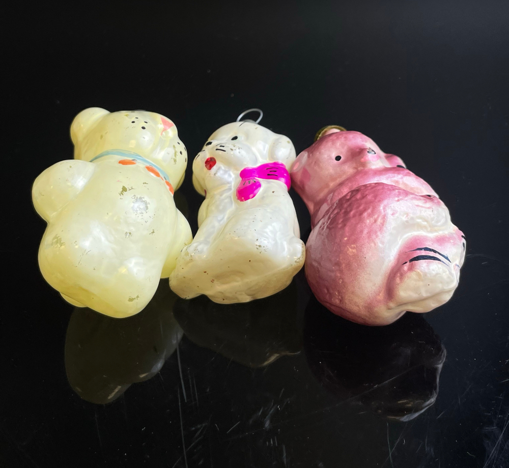 Ёлочные игрушки набор из 3х разных, мишка на березе, собачки, стекло, подвесные, винтаж СССР 1960-1980 гг