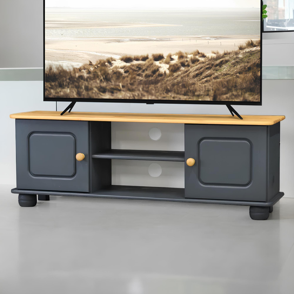 Dipriz Тумба под телевизор 2 двери 115х29х40 Хаба из массива сосны, серый/антик