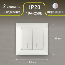 Выключатель Intro Solo 4-105-06 двухклавишный с подсветкой, 10А-250В, IP20, СУ, перламутр