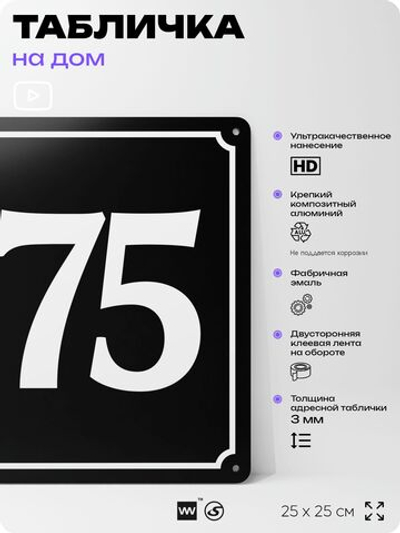Адресная табличка с номером дома 175, на фасад и забор, черная, 25х25 см, Айдентика Технолоджи