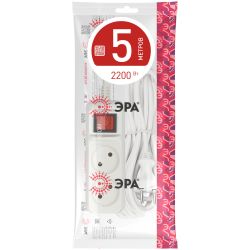 Удлинитель электрический ЭРА U-2s-5m-2x1 без заземления c выключателем 2 розетки 5м ПВС 2x1мм2 10А | Бытовые удлинители