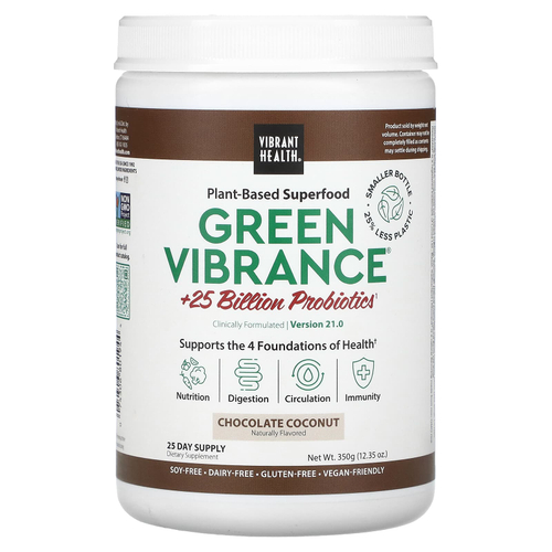 Vibrant Health, Green Vibrance® +25 млрд пробиотиков, версия 21.0, со вкусом шоколада и кокоса, 350 г (12,35 унции)