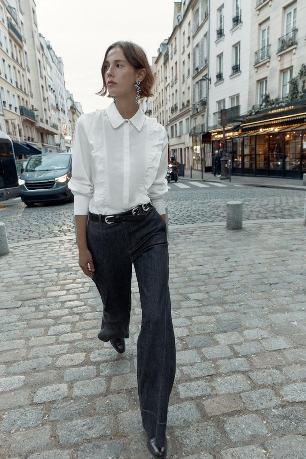 ZARA РУБАШКА ИЗ ПОПЛИНА С БУСИНАМИ НА ЛАЦКАНЕ, БЕЛЫЙ