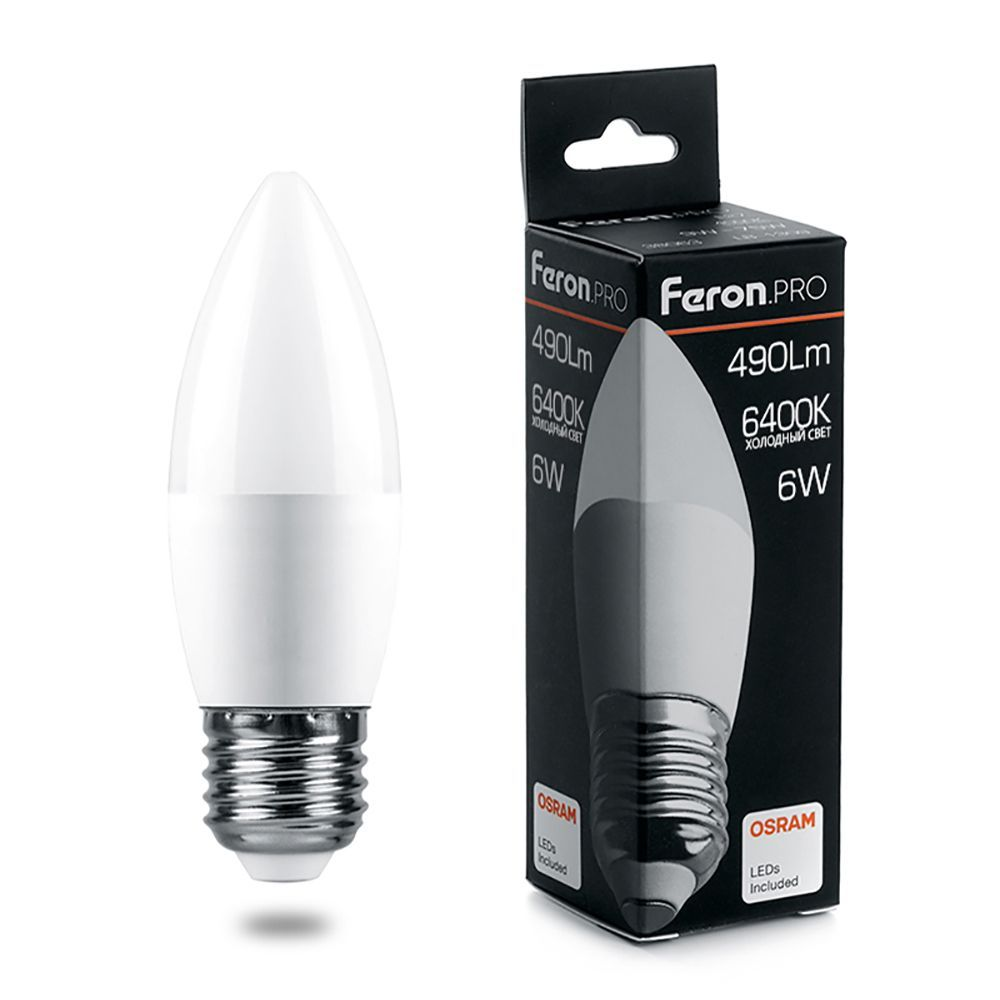 Feron.PRO Лампа св/д свеча C37 E27 6W 490lm 6400K 6K матовый 100x37 OSRAM LED LB-1306 38052