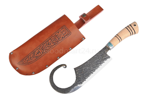 Топорик мясной большой, Гиймякеш ножнами, гарда олово  гравировка, ШХ15, ручка абрикос, 20-23 см