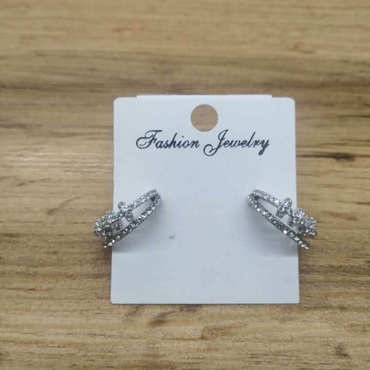 Серьги-гвоздики полукольца 2 линии 3 колечка стразы металл сребристый