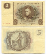 Банкнота Швеция 5 крон 1963 год AG 808061. VF