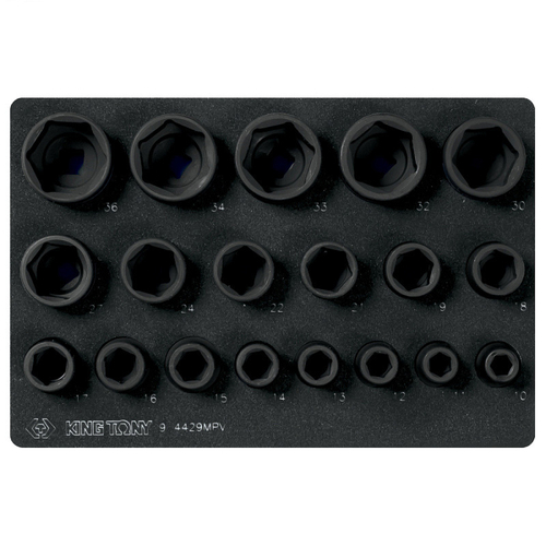 KING TONY (9-4429MPV) Набор ударных торцевых головок 1/2", шестигранные, 10-36 мм, ложемент, 19 предметов