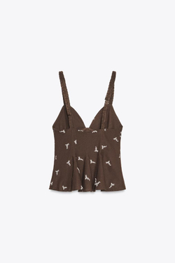 ZARA ТОП С ВЫШИВКОЙ И БАСКОЙ, КОРИЧНЕВЫЙ