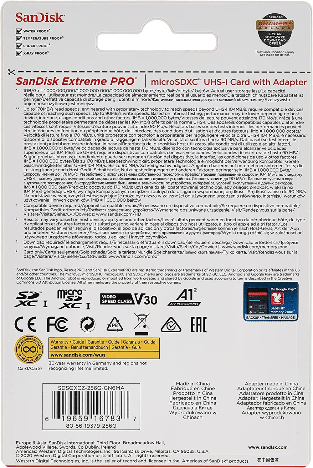 Карта памяти SanDisk Extreme Pro microSDXC 256 ГБ UHS-I, V30, A2, U3 с адаптером