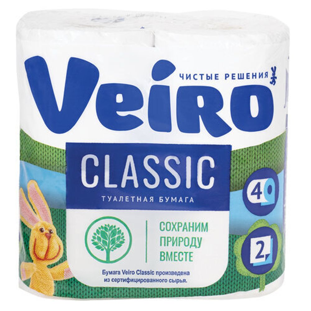 Бумага туалетная бытовая, спайка 4 шт., 2-х слойная (4х17,5 м), VEIRO Classic (Вейро), белая, 5с24