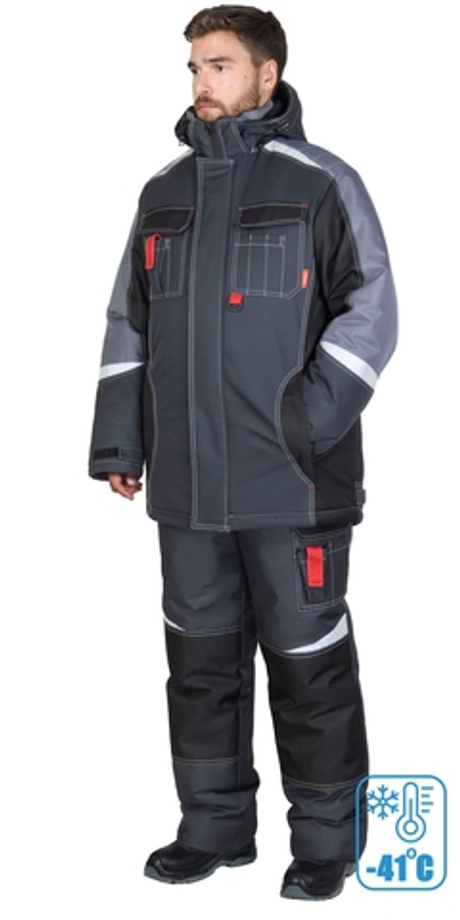 Костюм СИРИУС-ФАВОРИТ-МЕГА-М зимний, куртка длинная, п/к, тёмно-серый с черным и СОП