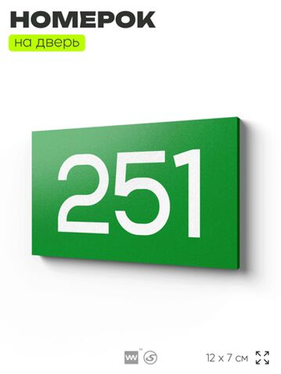Номер на дверь 251, табличка на дверь для офиса, квартиры, кабинета, аудитории, склада, зеленая 120х70 мм, Айдентика Технолоджи